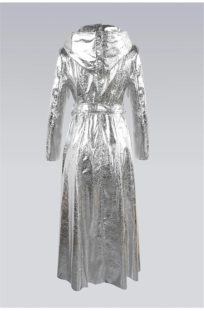 Silver Gold Shiny PU Leather Extra Long Trenchcoat Women